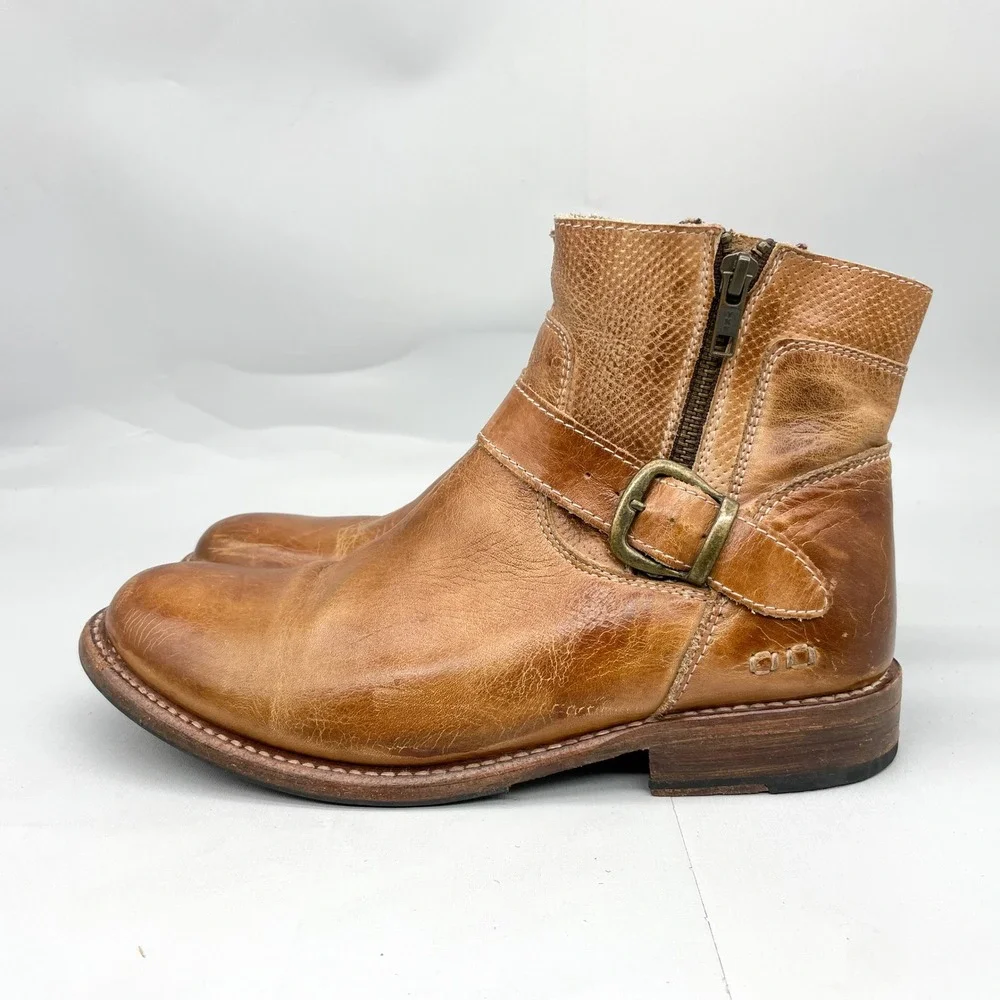 Bed Stu Womens 9 Becca Boots Tan Rustic Leather Moto Booties Zip Buckle Western - Picture 4 of 11
